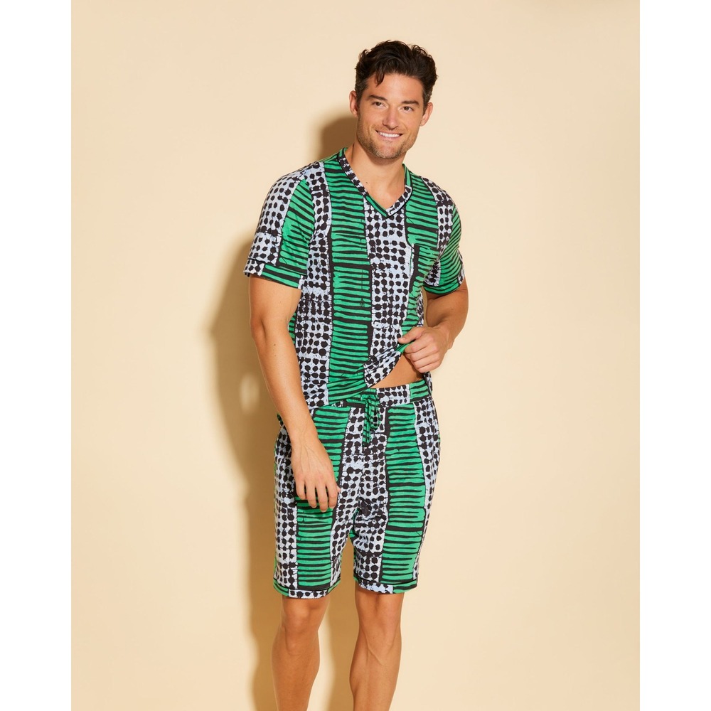 Cosabella Studio 189 Mens Pajama Set Green Black‎ Batik Print SS Top Shorts
